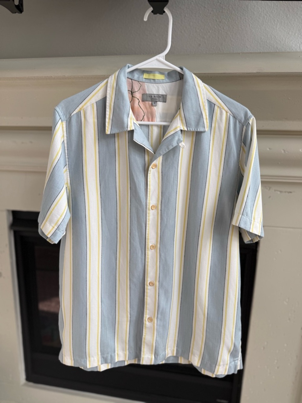 Ted Baker Men’s Blue and Yellow Vertical Stripe Short-Sleeve Button Down Shirt